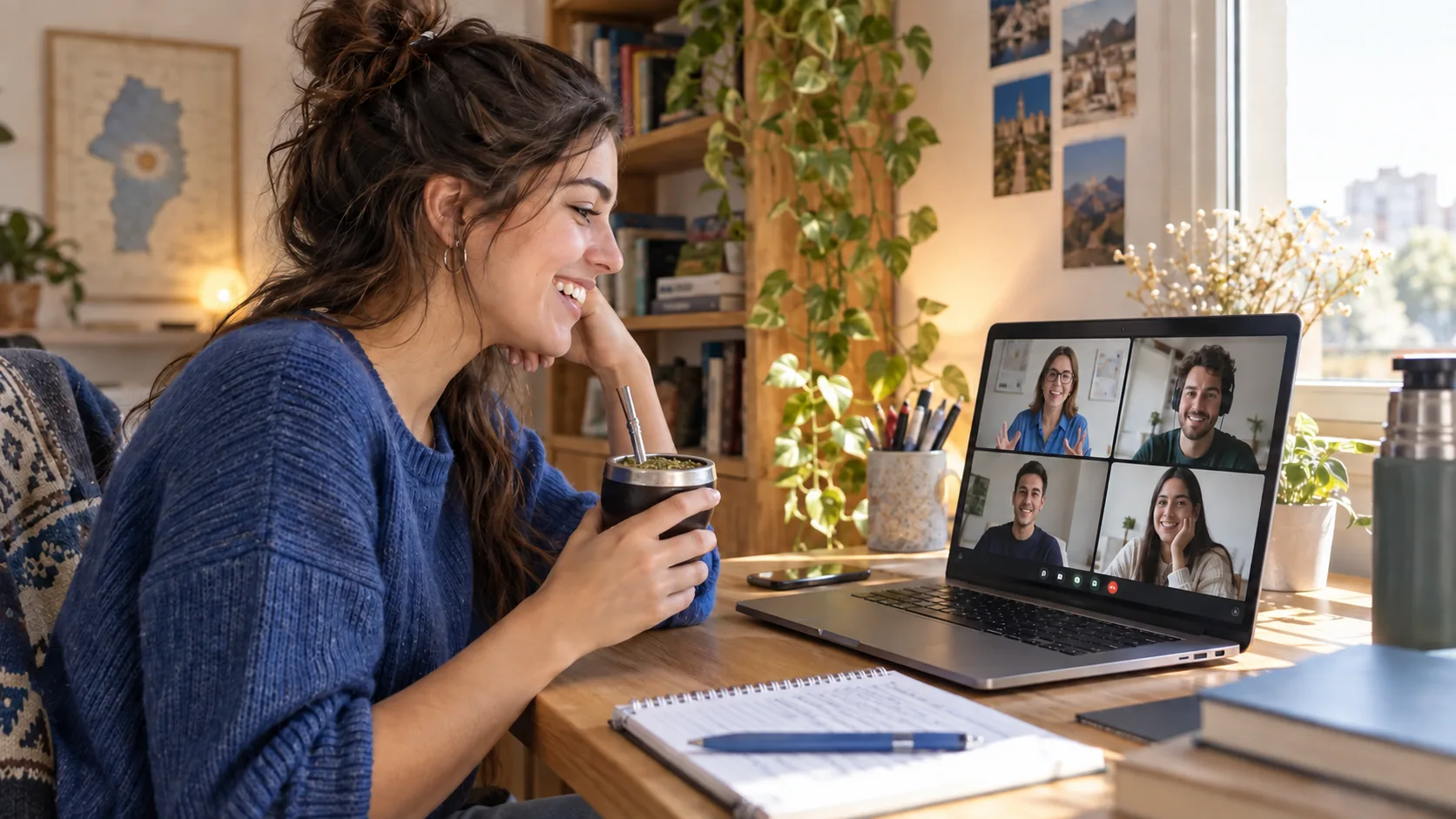 Mujer adulta sonriendo con una notebook y un mate durante una clase de inglés online desde su casa