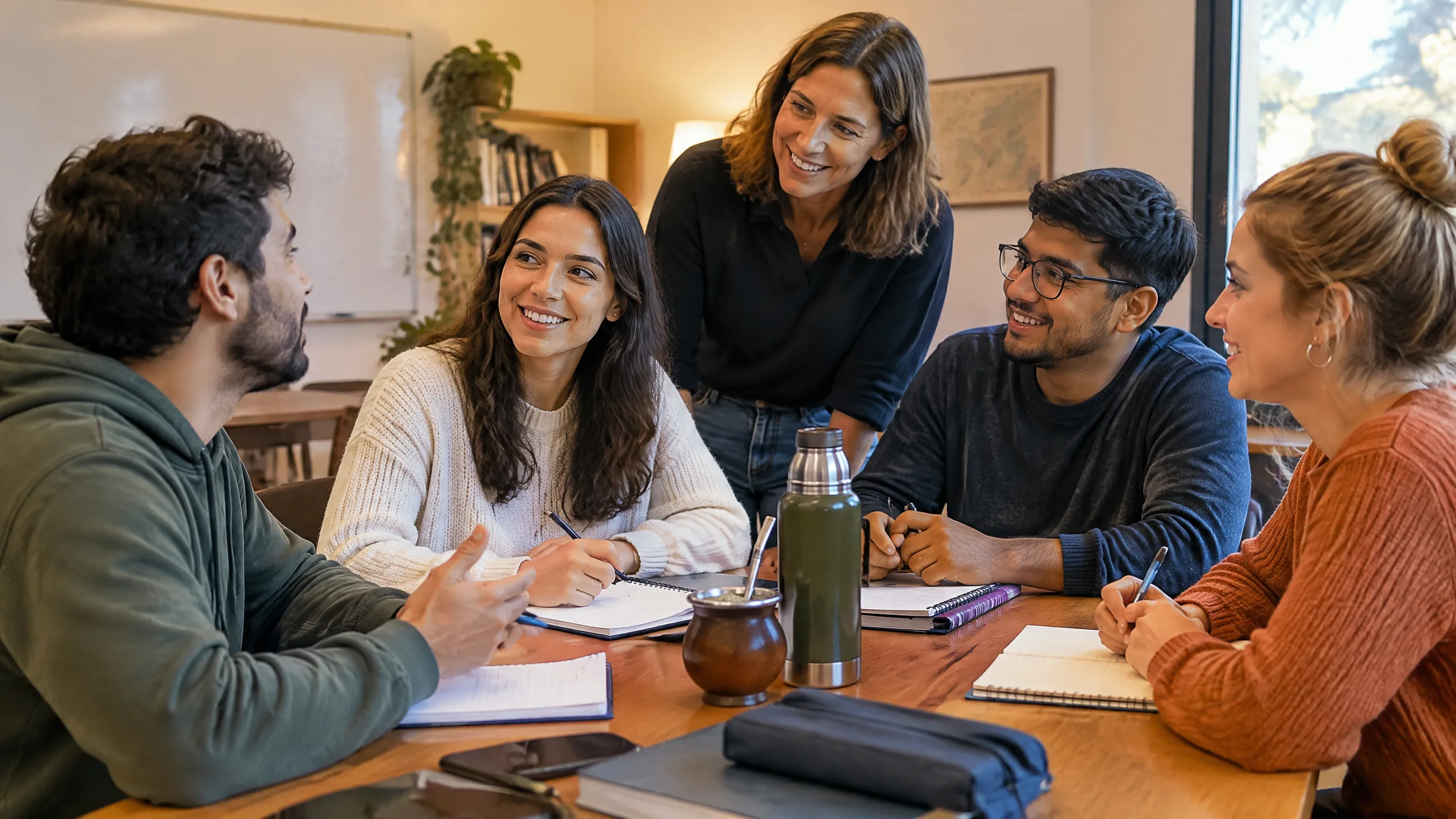 Grupo de adultos practicando conversación en inglés en un ambiente cálido y humano con acompañamiento docente